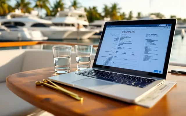 Vessel specification and charter paperwork on a yacht flybridge table at a marina
